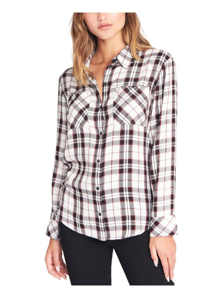 Blusa feminina xadrez de manga comprida com gola e botões Sanctuary, branca, tamanho grande