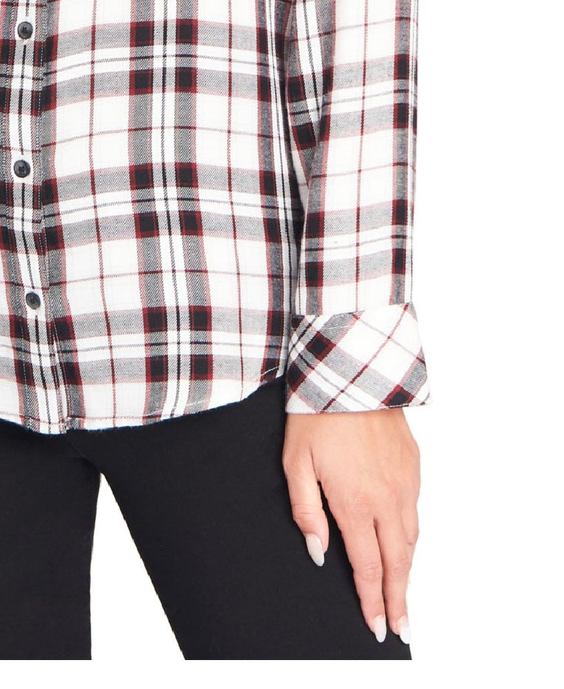 Blusa feminina xadrez de manga comprida com gola e botões Sanctuary, branca, tamanho grande