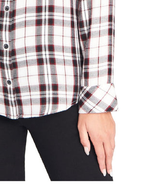 Blusa feminina xadrez de manga comprida com gola e botões Sanctuary, branca, tamanho grande