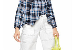 Blusa Siena Feminina Free People Xadrez Gola Quadrada Azul Tamanho Médio