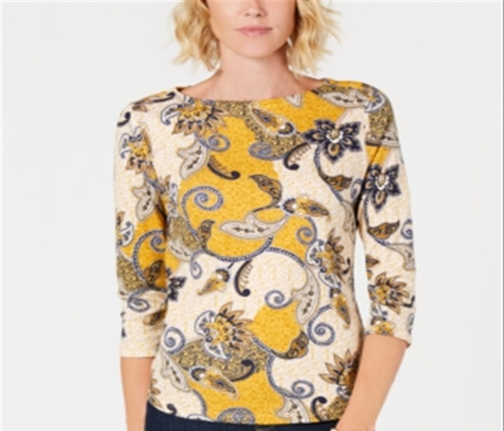 Charter Club Blusa feminina de algodão Pima com estampa de botões e ombros, tamanho pequeno, amarelo, P/M