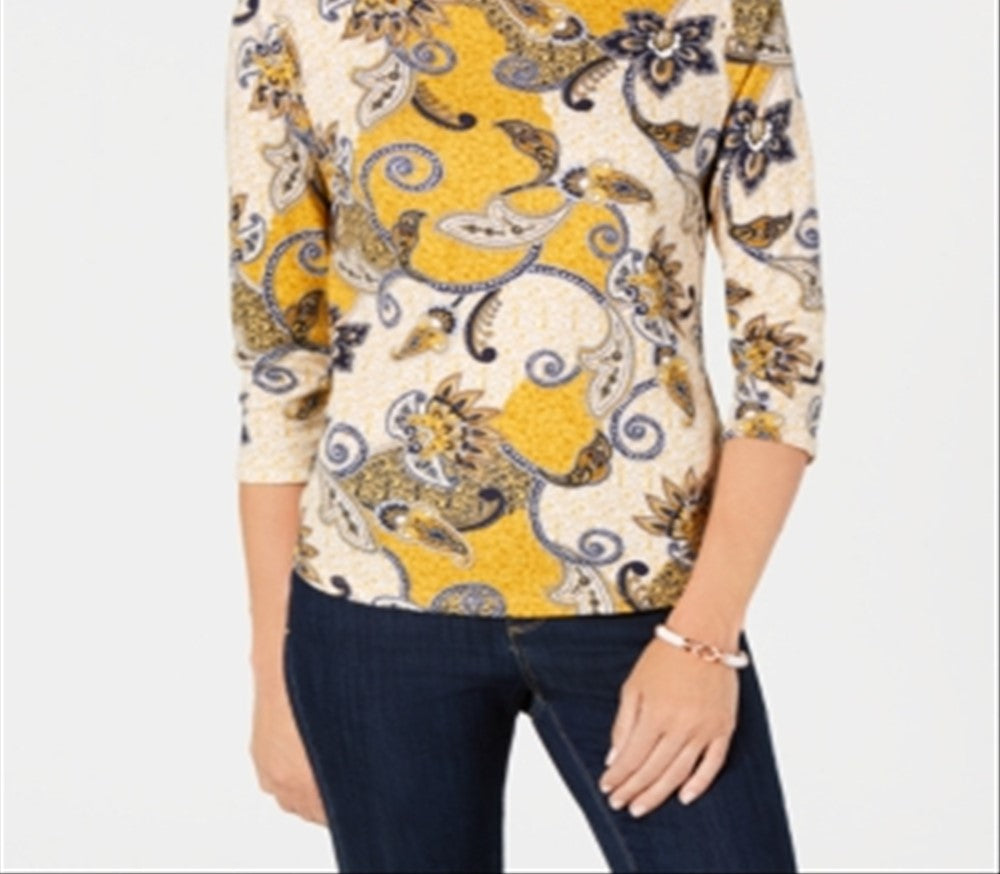 Charter Club Blusa feminina de algodão Pima com estampa de botões e ombros, tamanho pequeno, amarelo, P/M