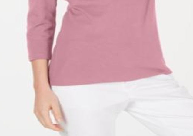 Karen Scott Blusa feminina de algodão com decote redondo, rosa, tamanho pequeno grande