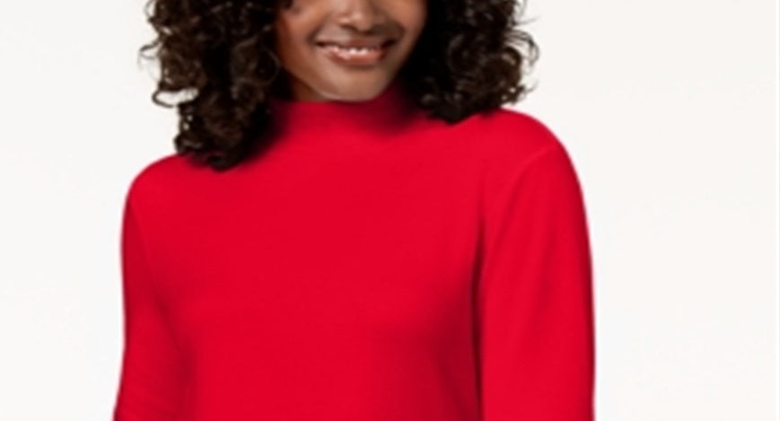 Karen Scott Blusa feminina de algodão com gola alta e manga comprida, vermelha, tamanho pequeno GG