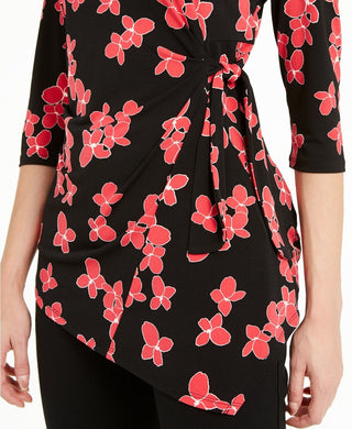 Top Alfani Feminino Petite com Estampa Floral e Amarração Lateral, Preto, Tamanho Petit