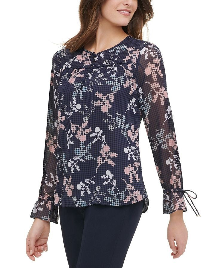 Blusa Tommy Hilfiger Feminina com Botões e Punhos Amarrados e Estampa Floral, Cinza Escuro, Tamanho P