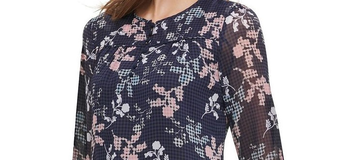 Blusa Tommy Hilfiger Feminina com Botões e Punhos Amarrados e Estampa Floral, Cinza Escuro, Tamanho P