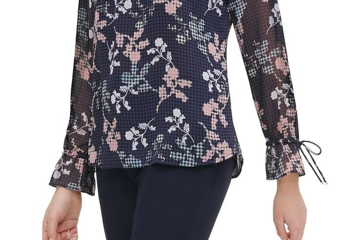 Blusa Tommy Hilfiger Feminina com Botões e Punhos Amarrados e Estampa Floral, Cinza Escuro, Tamanho P