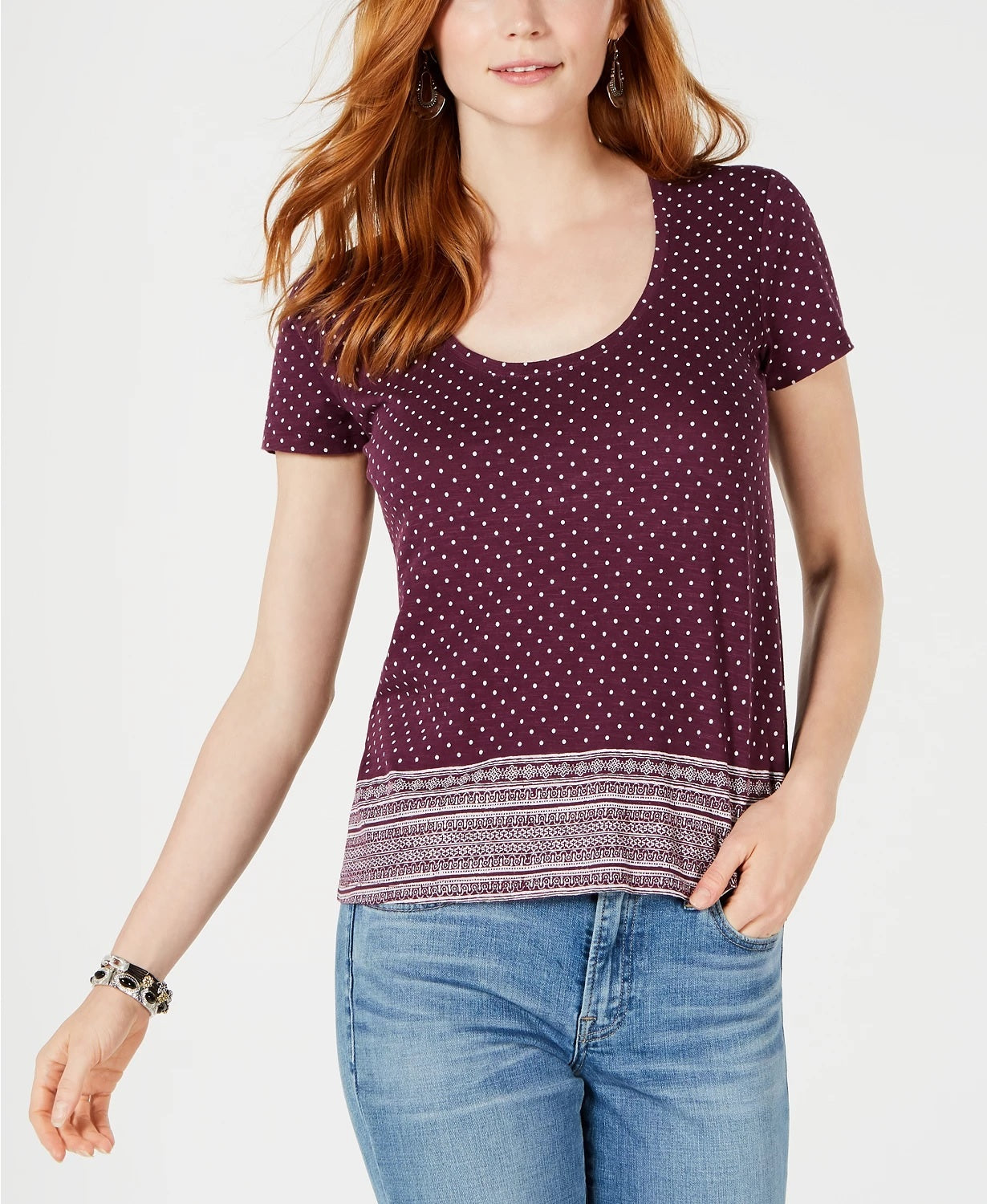 Camiseta feminina Lucky Brand de algodão com estampa de borda e decote redondo, roxa, tamanho pequeno