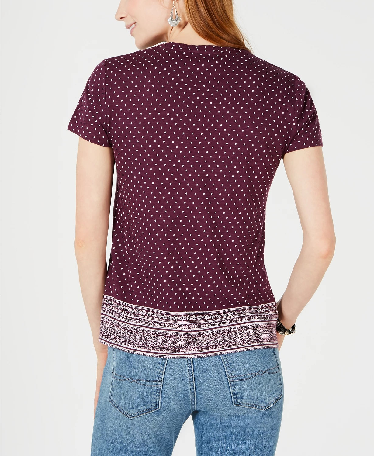 Camiseta feminina Lucky Brand de algodão com estampa de borda e decote redondo, roxa, tamanho pequeno
