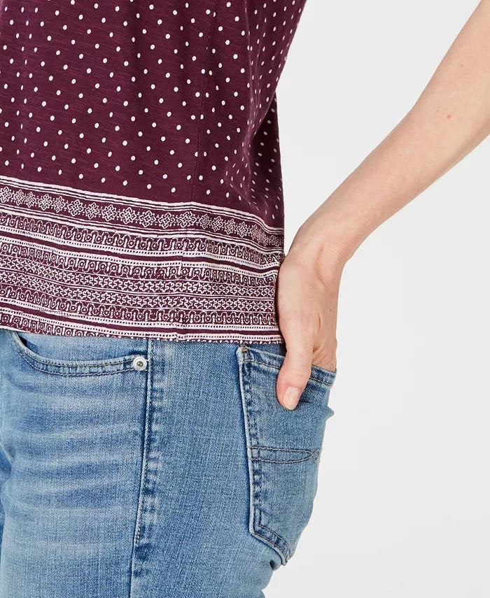Camiseta feminina Lucky Brand de algodão com estampa de borda e decote redondo, roxa, tamanho pequeno