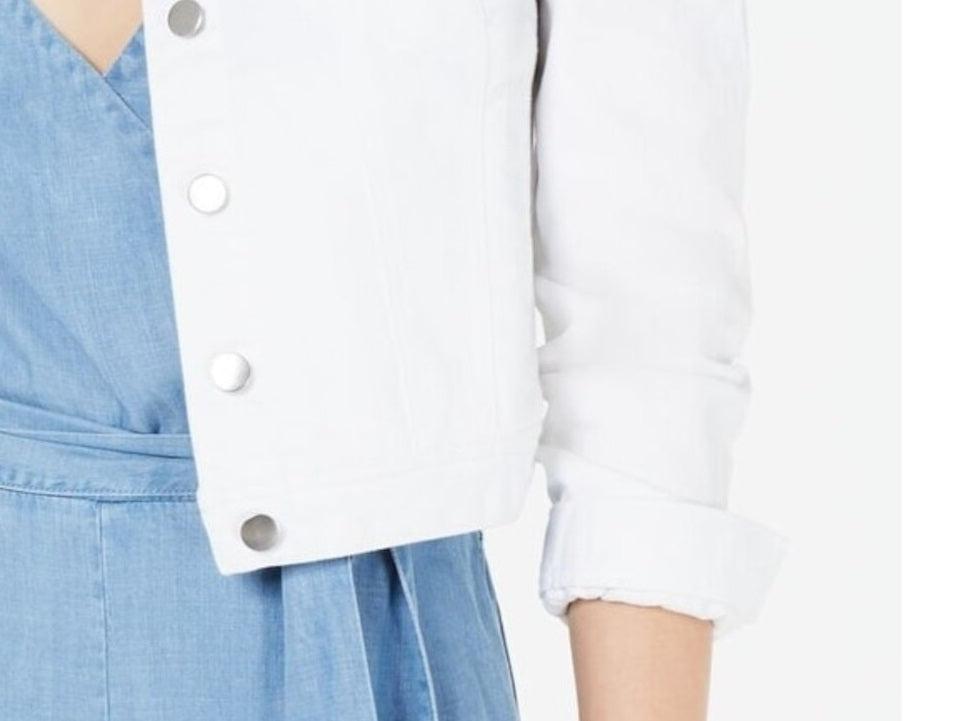Jaqueta jeans feminina Maison Jules com manga bufante, branca, tamanho extragrande