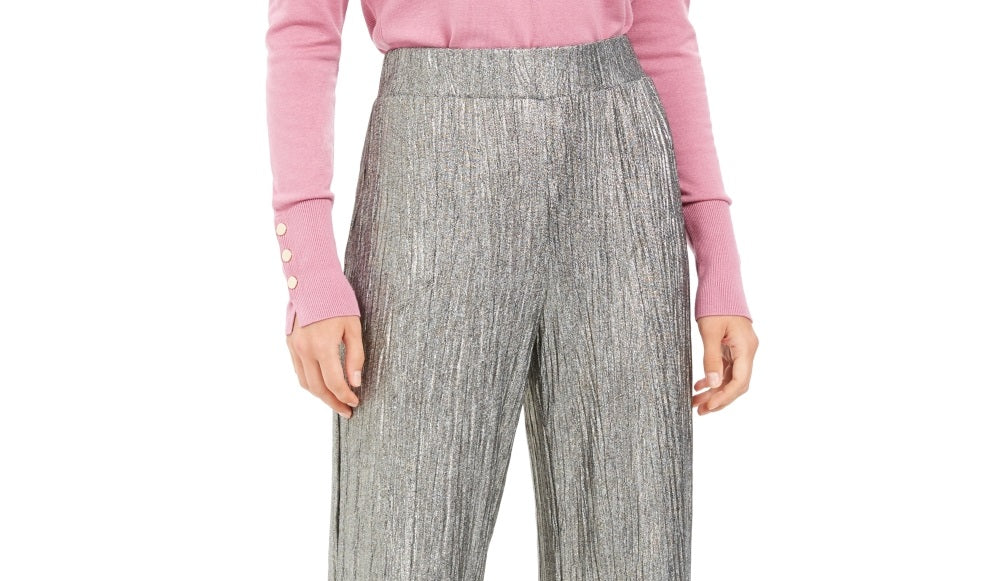 Calça feminina amassada metálica JM Collection, tamanho extragrande, prateada e metálica