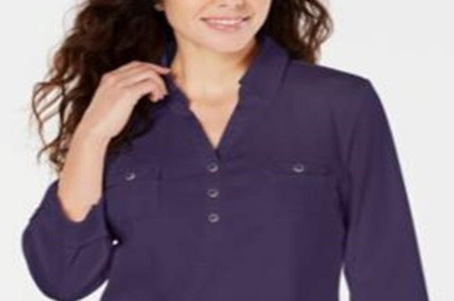 Camisa utilitária feminina Karen Scott de algodão com gola Johnny, roxa, tamanho X-S