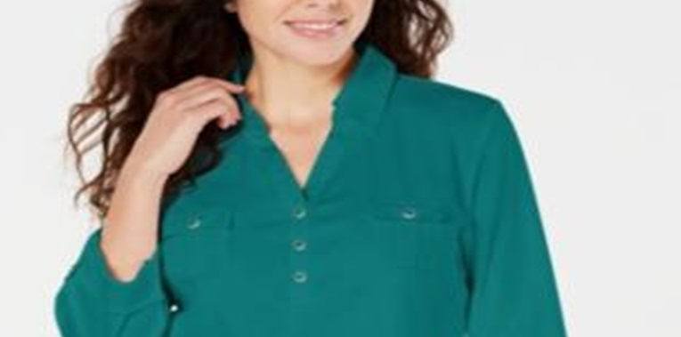 Camisa utilitária feminina Karen Scott de algodão com gola Johnny, azul, tamanho X-G
