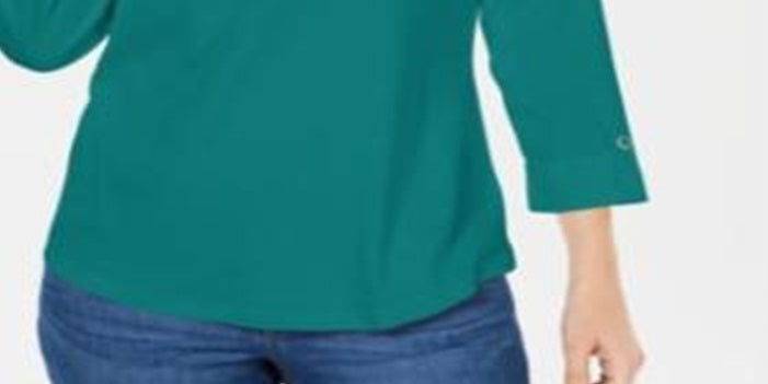 Camisa utilitária feminina Karen Scott de algodão com gola Johnny, azul, tamanho X-G