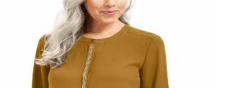 JM Collection Top Feminino com Punhos e Botões, Mostarda, Tamanho Pequeno G