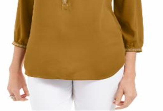 JM Collection Top Feminino com Punhos e Botões, Mostarda, Tamanho Pequeno G
