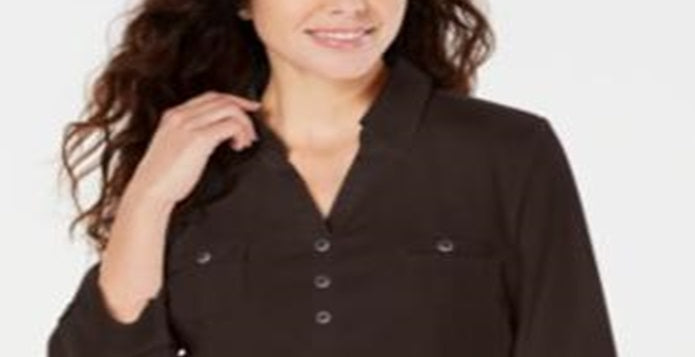 Camisa utilitária feminina Karen Scott de algodão com gola Johnny, tamanho chocolate, pequena