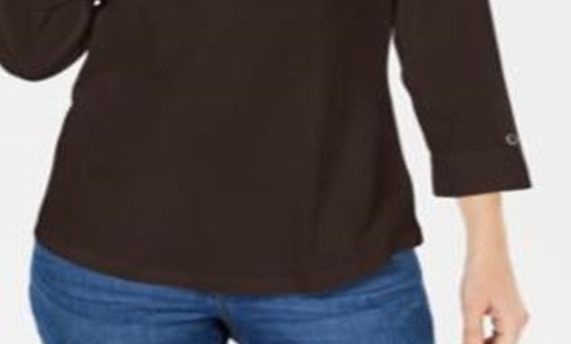 Camisa utilitária feminina Karen Scott de algodão com gola Johnny, tamanho chocolate, pequena