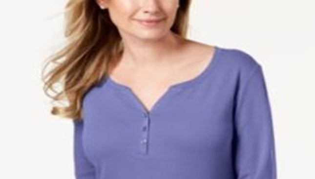 Karen Scott Top Henley de Algodão Feminino Roxo Tamanho Grande