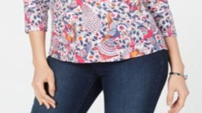 Camiseta feminina estampada de algodão Charter Club, branca, tamanho pequeno, tamanho XL