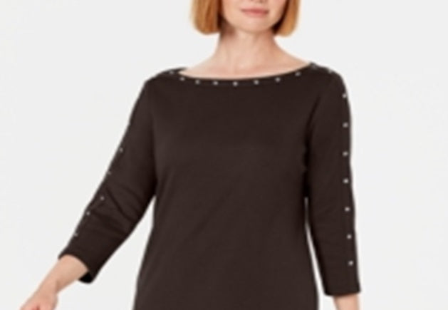 Vestido esportivo feminino Karen Scott de algodão com tachas e manga 3/4, tamanho chocolate, pequeno