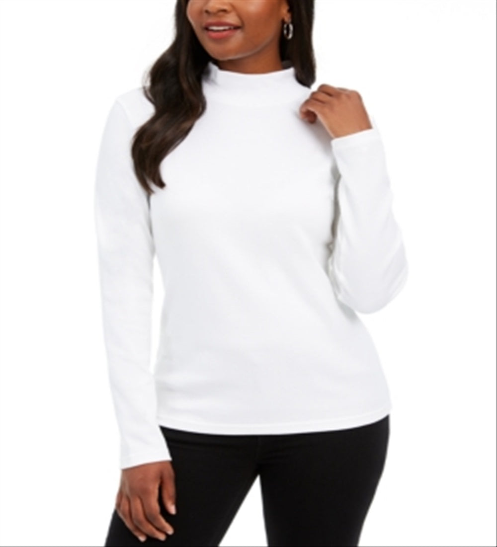 Karen Scott Blusa feminina de algodão com gola alta e manga comprida, branca, tamanho pequeno P