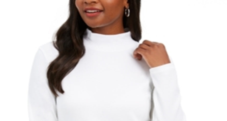 Karen Scott Blusa feminina de algodão com gola alta e manga comprida, branca, tamanho pequeno P