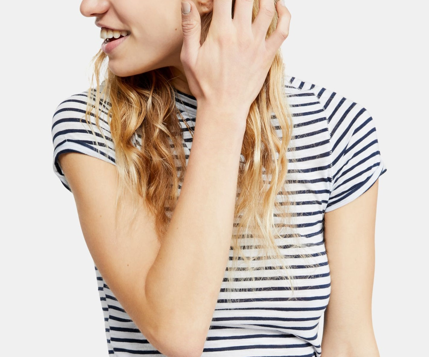 Camiseta feminina listrada de manga curta e gola redonda Free People, azul, tamanho X-S