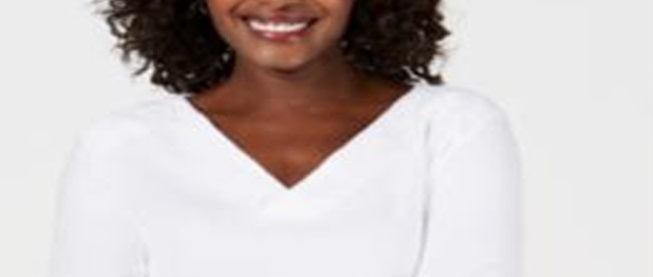 Karen Scott Blusa feminina de algodão com decote em V e ilhós, branca, tamanho pequeno G