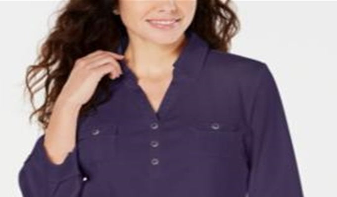Camisa utilitária feminina Karen Scott de algodão com gola Johnny - Roxa, tamanho grande