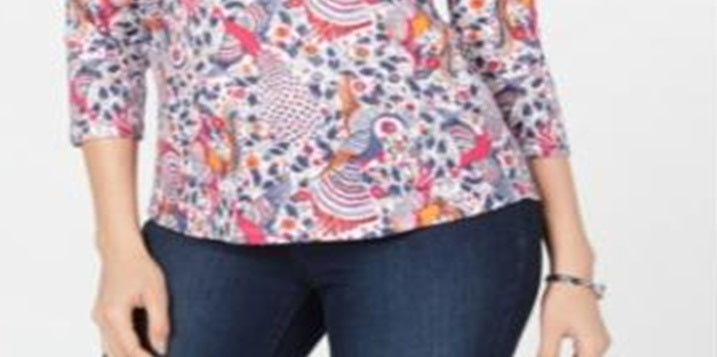 Charter Club Top feminino de algodão pima com estampa de gola canoa e estampa floral multicolorida, tamanho grande