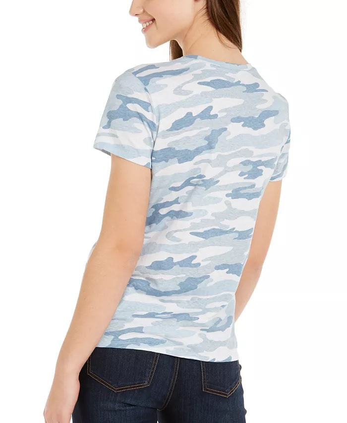 Camiseta feminina com estampa camuflada Lucky Brand, azul, tamanho X-S