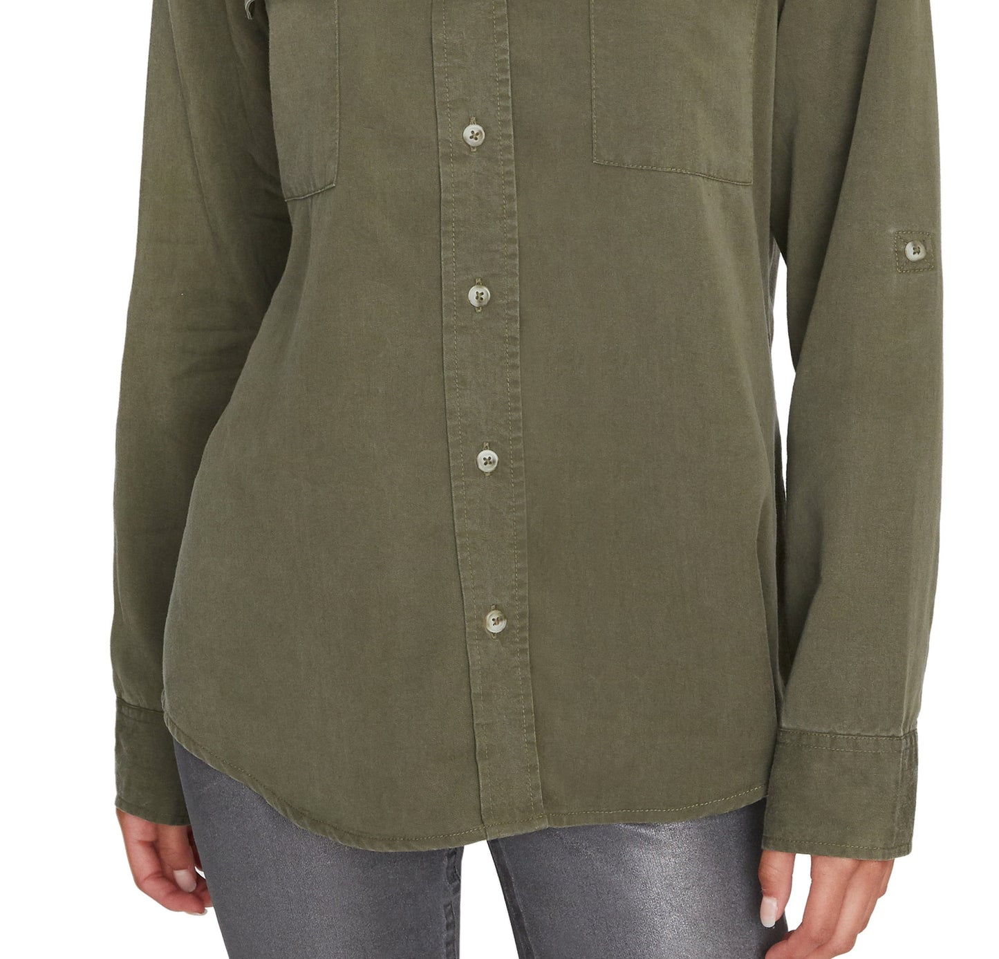 Camisa Sanctuary Feminina Conroy Surplus, elegante e limpa, com botões e bolsos no peito, verde, tamanho XL
