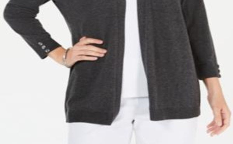 Karen Scott Cardigan Feminino Aberto Frente Botões Punho Cinza Tamanho Médio