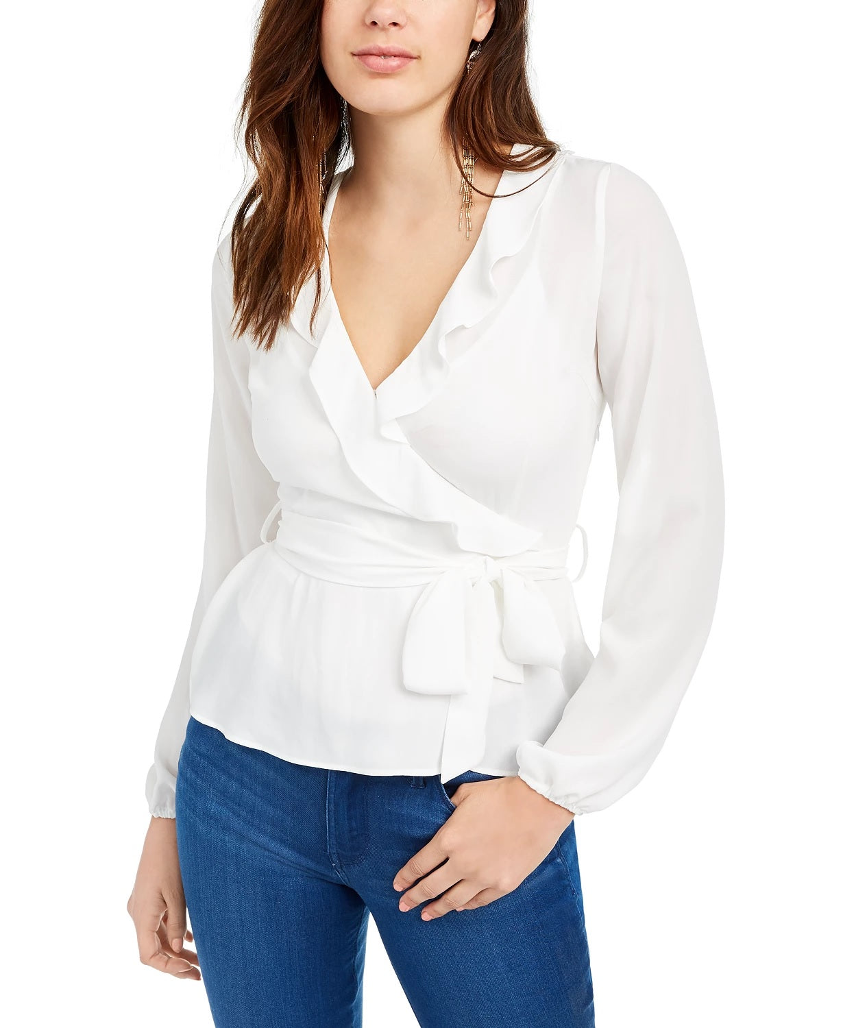 Blusa feminina com babados e babados, tamanho extragrande, branca, Q&amp;A