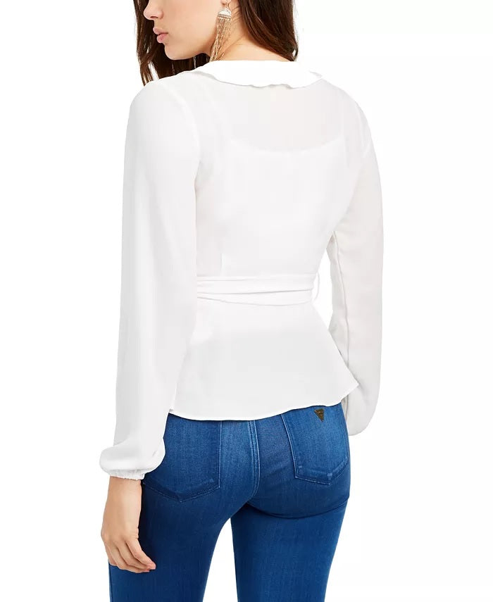 Blusa feminina com babados e babados, tamanho extragrande, branca, Q&amp;A
