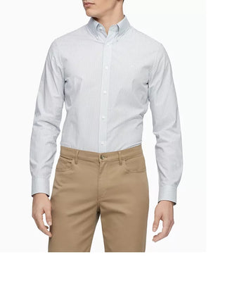 Camisa listrada elástica slim fit masculina Calvin Klein, branca, tamanho extragrande