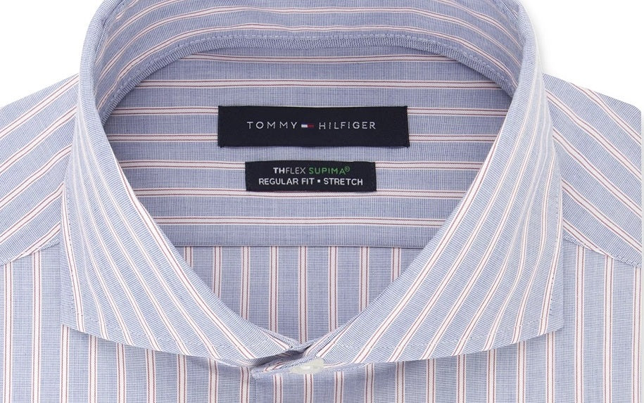 Camisa social listrada Tommy Hilfiger masculina clássica/regular fit, sem passar a ferro, Thflex, elástica, vermelha, tamanho 32-33