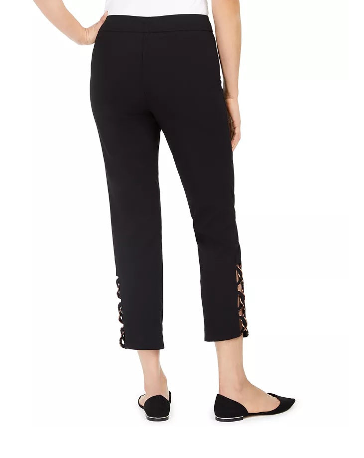 Calça feminina com controle de barriga e bainha em escada, estampa leopardo, tamanho pequeno, preta, da coleção JM