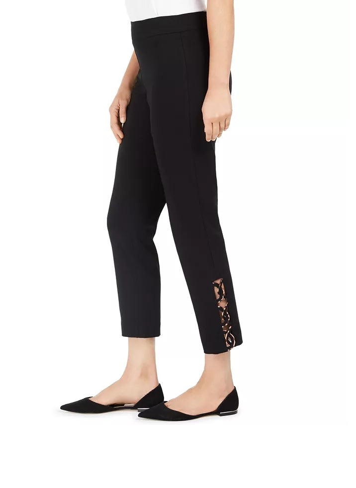 Calça feminina com controle de barriga e bainha em escada, estampa leopardo, tamanho pequeno, preta, da coleção JM