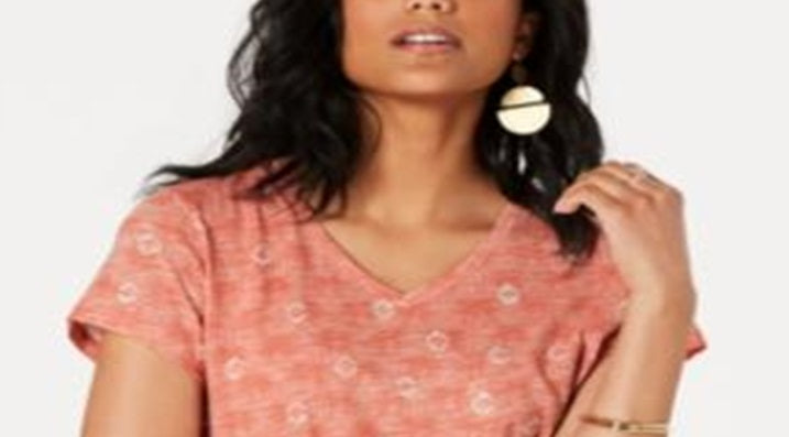 Camiseta feminina de algodão estampada com decote em V, tamanho coral, pequena M
