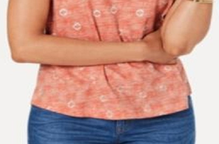 Camiseta feminina de algodão estampada com decote em V, tamanho coral, pequena M