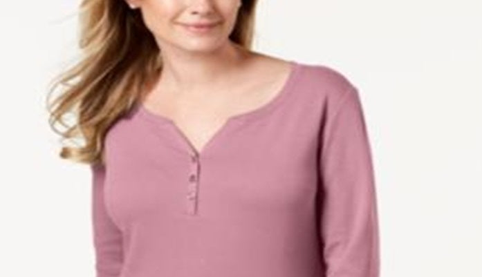 Karen Scott Top Henley de Algodão Feminino Rosa Tamanho P