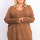 JM Collection Suéter feminino com punho de botão e decote em V, marrom, tamanho XX-G