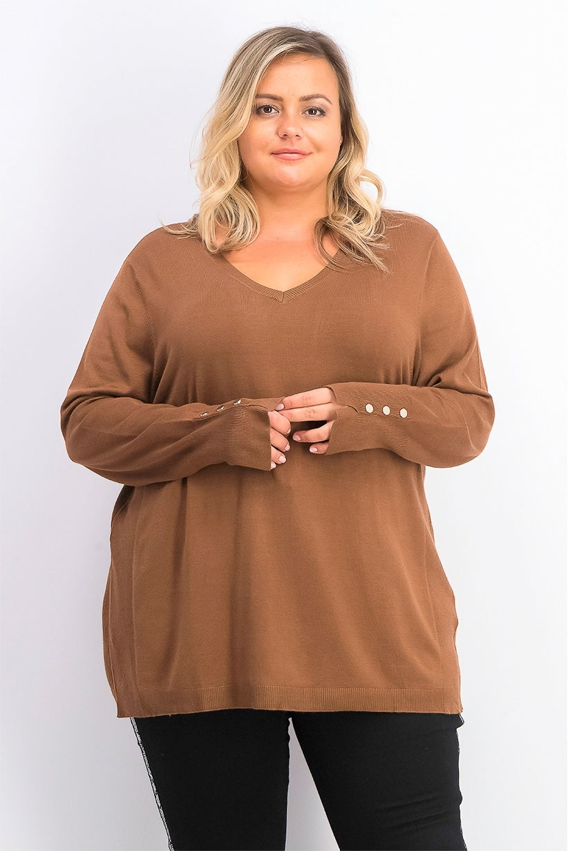 JM Collection Suéter feminino com punho de botão e decote em V, marrom, tamanho XX-G