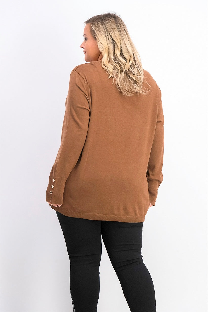 JM Collection Suéter feminino com punho de botão e decote em V, marrom, tamanho XX-G