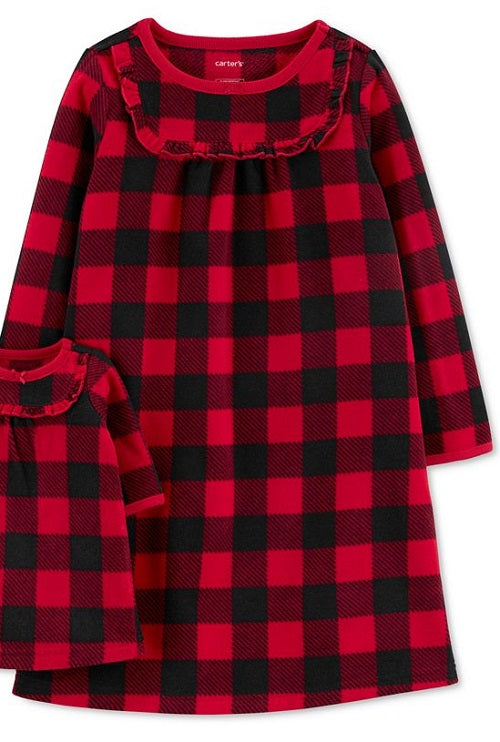 Conjunto de camisola e vestido de boneca Carters Toddler Girls Buffalo Plaid Fleece, tamanho 5T, vermelho