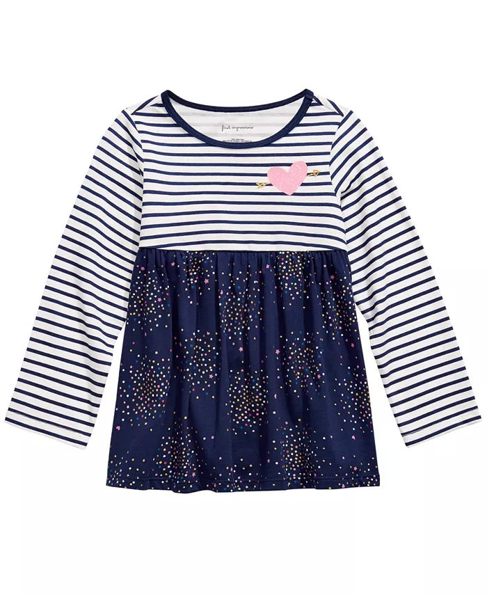 Túnica listrada de algodão para bebê menina First Impressions, manga longa, confete, branca, tamanho 3 a 6 meses